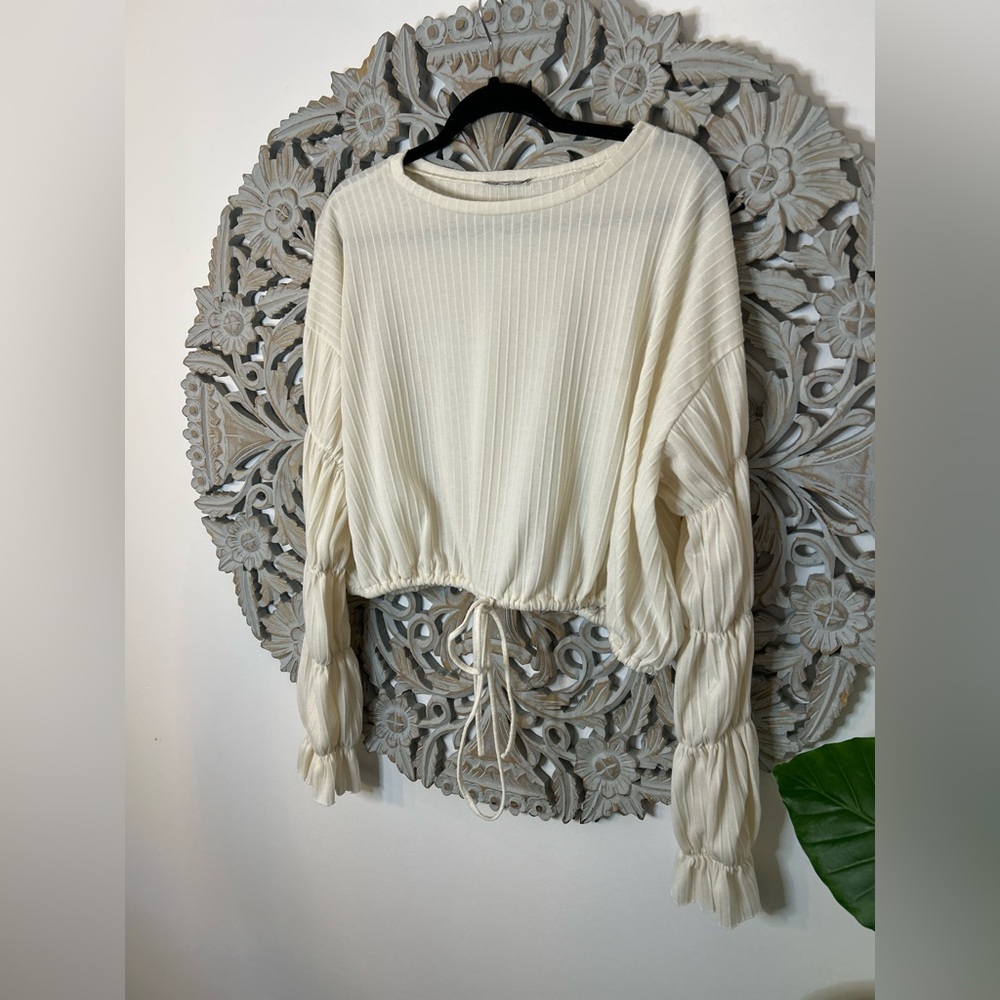 ZARA TRAFALUC Pleated Blouse with Drawstring Waist – Size Large